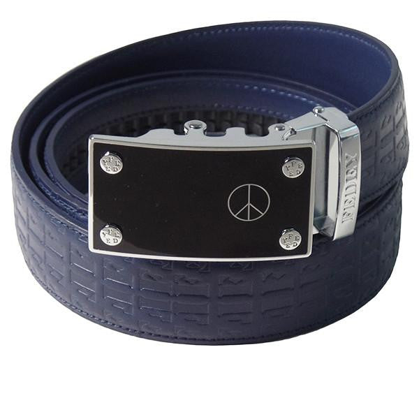 FEDEY Mens Signature Ratchet Leather Belt w PEACE Statement Buckle, Main, Blue/Silver