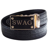 FEDEY Mens Ratchet Belt w SWAG Buckle, Leather, Signature Design, Main, Black/Gold