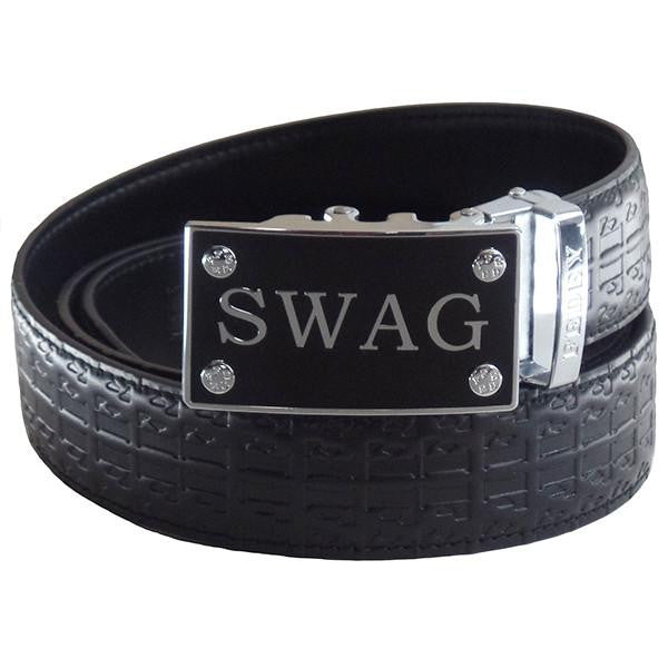 FEDEY Mens Ratchet Belt w SWAG Buckle, Leather, Signature Design, Main, Black/Silver