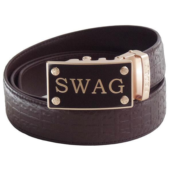 FEDEY Mens Ratchet Belt w SWAG Buckle, Leather, Signature Design, Main, Brown/Gold