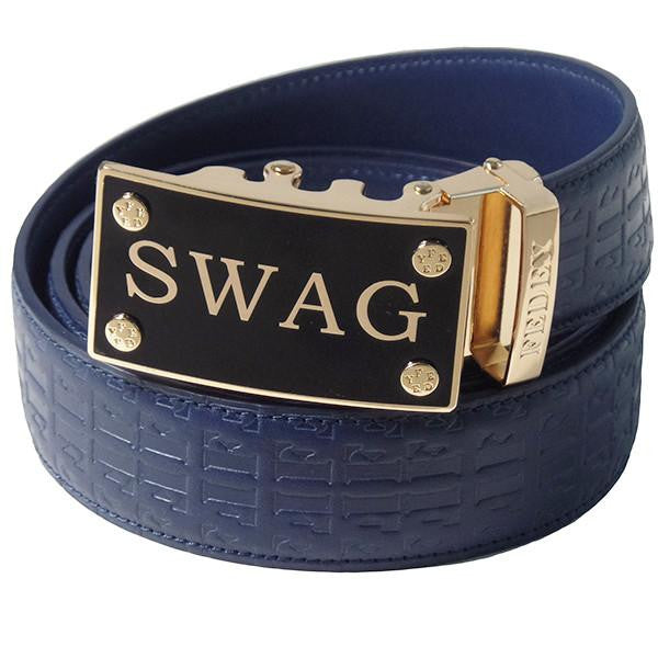 FEDEY Mens Ratchet Belt w SWAG Buckle, Leather, Signature Design, Main, Blue/Gold