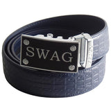 FEDEY Mens Ratchet Belt w SWAG Buckle, Leather, Signature Design, Main, Blue/Silver