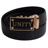 FEDEY Mens Ratchet Belt, Signature Series, Genuine Leather, Unity Buckle, Main, Black/Gold