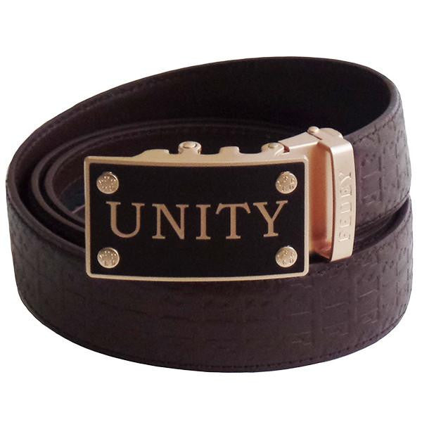 FEDEY Mens Ratchet Belt, Signature Series, Genuine Leather, Unity Buckle, Main, Brown/Gold