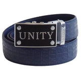 FEDEY Mens Ratchet Belt, Signature Series, Genuine Leather, Unity Buckle, Main, Blue/Silver