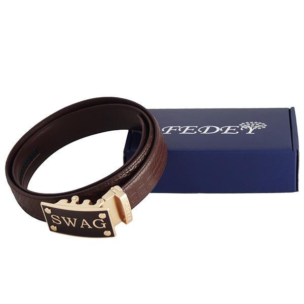 FEDEY Mens Ratchet Belt w SWAG Buckle, Leather, Signature Design, Packaging, all SKUs