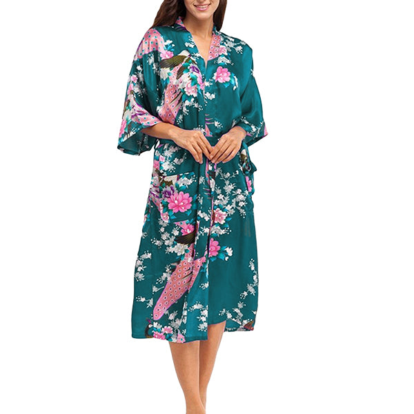 Medium Length Floral Womens Robe, Teal Green