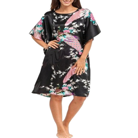 Floral Kimono Nightgown, Kaftan Style, Black