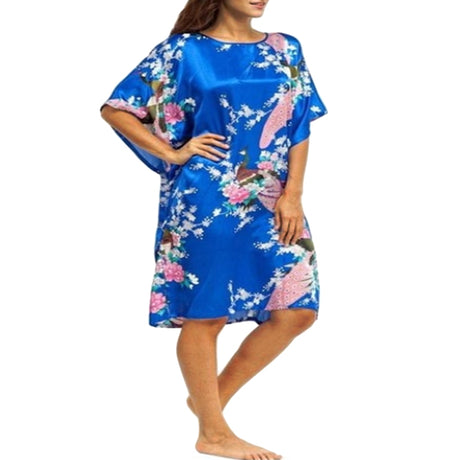 Floral Kimono Nightgown, Kaftan Style, Jewel Blue