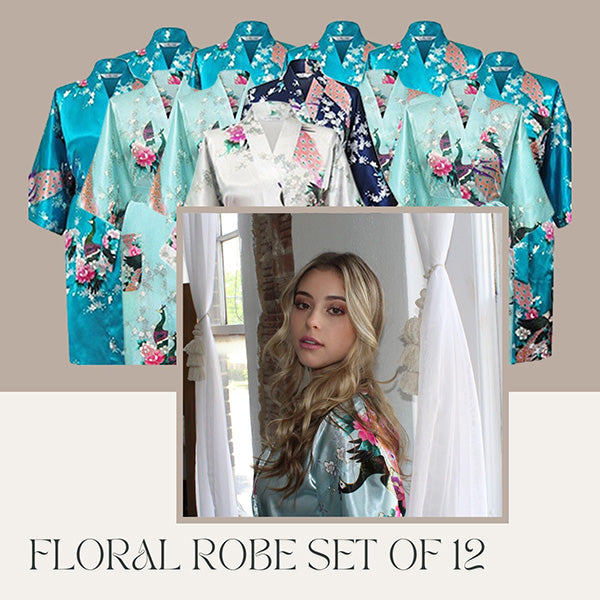 Floral robes set of 12 available for bulk discount order.  Get these bridesmaid robes for everyone in the bridal squad including the bride, maid of honor, matron or honor, mother of the bride, mother of the groom and more.