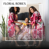 Flora robes set of 3 for weddings, birthday, spa parties and more.  These beautiful satin robes are available in sizes 2-18 in 16 colors. Great bridesmaid robes for the entire bridal party.