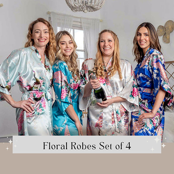 Floral robes set of 4 for use as bridesmaid robes while getting ready for wedding.  Available in small, medium, large, xlarge, XXL and 3XL.  Shop beautiful colors such as lavender, purple, burgundy, fiery red, teal green, lake blue, sky blue, black, white, gold and silver.