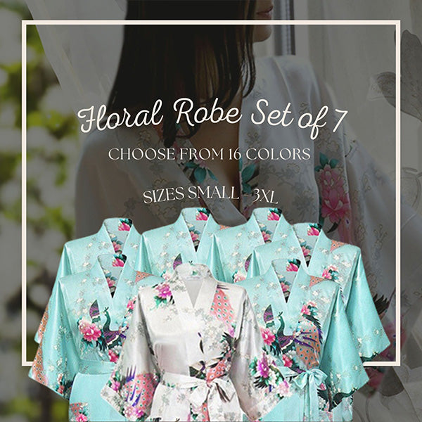 Floral bride and bridesmaid robe set bundle with one for the entire bridal squad.  These are great getting ready robes for the morning of the wedding.  Use as bridesmaid proposal gifts.  It's a gift they will be able to wear over and over again.