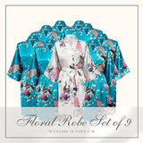 Floral robes set of 9 for bride squad.  Great as bridesmaid robes, maid of honor robes, matron of honor robes, mother of the bride robe, mother of the groom robe and more.  These floral robes are available in sizes 2-18 and come in 16 colors.