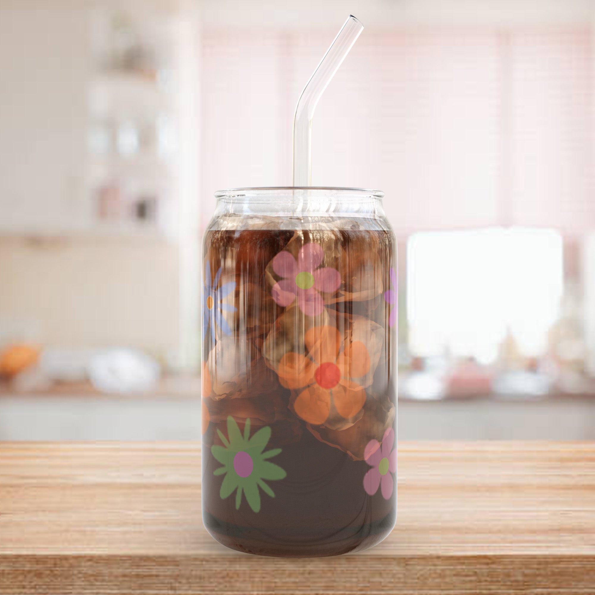 Iced coffee cup with cute retro flower design for women and girls. The glass can comes with lid and straw.