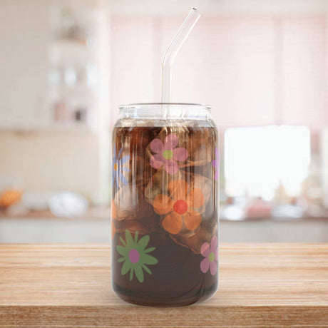 Iced coffee cup with cute retro flower design for women and girls. The glass can comes with lid and straw.