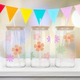 Retro flower Libby glass can for pre-teens. Features five flowers with a retro, boho look all around the glass can. Use as gifts for the birthday squad or team.
