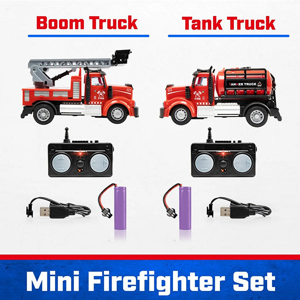Force1 Mini FireFighter Remote Control Trucks - 2 Pack Set -  Box Contents - Tank w Boom Trucks
