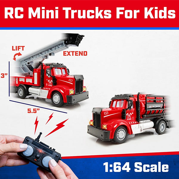 Force1 Mini FireFighter Remote Control Trucks - 2 Pack Set - Measurements - Tank w Boom Trucks  