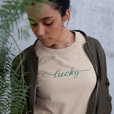 Lucky Hoodie for St Patricks Day celebration.  These Luck shirts offer a minimalist design and will work well for any St. Paddys Day Outfit.  Choose from White, Black, Gray, Irish Green or Sand in sizes from Small to 6XL.