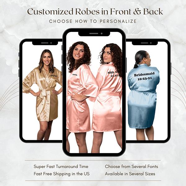 Bridesmaid Robe Set of 3 - Personalized Robes Solid Satin - IPhone Camera View of Champagne Gold, Rose Gold & Dusty Blue - New Colors