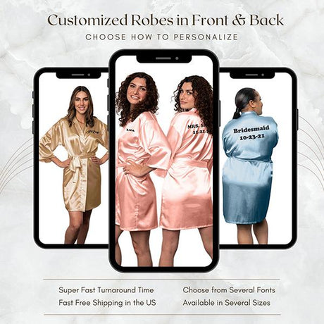 Bridesmaid Robe Set of 3 - Personalized Robes Solid Satin - IPhone Camera View of Champagne Gold, Rose Gold & Dusty Blue - New Colors