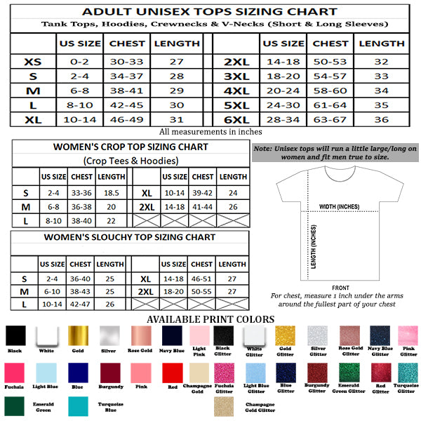 Bachelorette Party Bride And Bridesmaids Matching T Shirts, Bridesmaid Shirts Size Chart; all SKUS