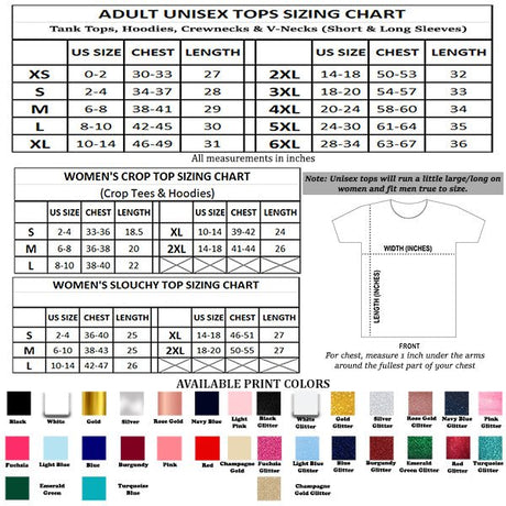 Bachelorette Party Bride And Bridesmaids Matching T Shirts, Bridesmaid Shirts Size Chart; all SKUS