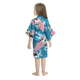 Turquoise Mommy and Me Robes, Floral, Satin, Child Robe Backview, all SKUs