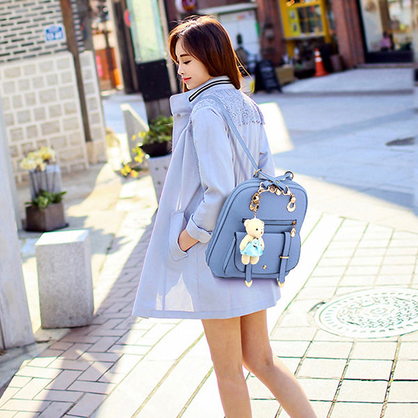 Girls Backpack w Teddy Bear Charm, Model, Baby Blue