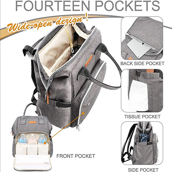 Gray Baby Diaper Bag with USB Charger - Minimalist Unisex Design - Fourteen Pockets