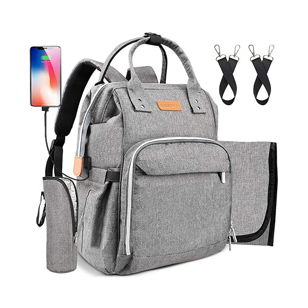 Gray Baby Diaper Bag with USB Charger - Minimalist Unisex Design - Main