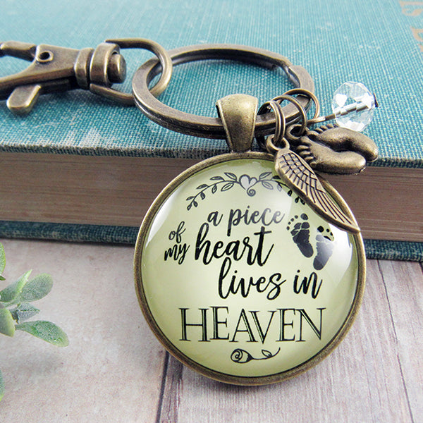A Piece of My Heart Lives In Heaven Keychain - Miscarriage Gift with Angel Wing & Baby Feet Charms