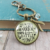 gutsy-goodness-yes-im-tired-warrior-stays-in-the-battle-until-its-won-alt1, Motivational Keychains, Gifts For Cancer Free Patients, Inspirational Gifts