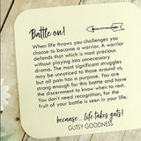 gutsy-goodness-yes-im-tired-warrior-stays-in-the-battle-until-its-won-card, Motivational Keychains, Gifts For Cancer Free Patients, Inspirational Gifts