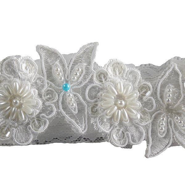 hand beaded ivory blue garter closeup