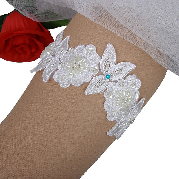 Hand Beaded Ivory and Blue Lace Garter Hand Beaded Ivory and Blue Lace Garter
