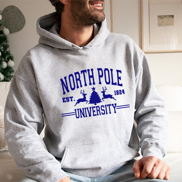 North Pole University Christmas Hoodie for men and women.  all SKUs