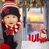 Little Kids Knitted Winter Beanie Hat and Scarf Set, 6 Month Baby to Toddlers, Model Lifestyle Pic,, Red