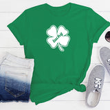 White crewneck style shirt with green lucky clover for St. Patricks Day.  These shirts are available in a variety of styles and sizes.