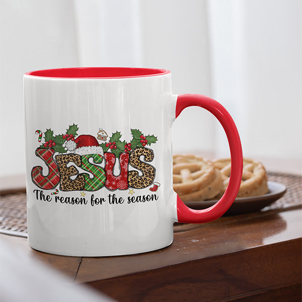 Jesus is the reason for the Season ceramic mug for hot chocolate and coffee.  Featuring  a white mug with red handle.
