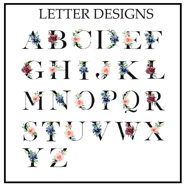 Gallery of the floral letter designs available on your custom mug.  Great options as bridesmaid mugs, or gift to friends, colleagues, child's teacher and more.  all SKUs