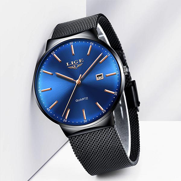 LIGE Mens Classic Elegance Watch, Frontview, Black on Blue