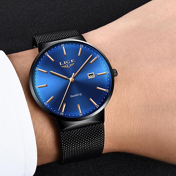 LIGE Mens Classic Elegance Watch, Model Hand, Black on Blue