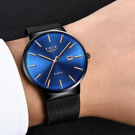 LIGE Mens Classic Elegance Watch, Model Hand, Black on Blue
