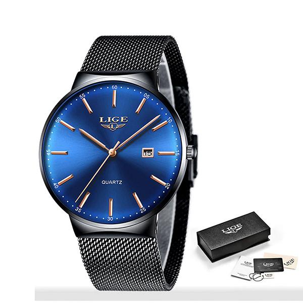 LIGE Mens Classic Elegance Watch, Packaging, Black on Blue