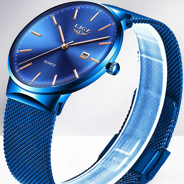 LIGE Mens Classic Elegance Watch, Close Up, Blue on Blue