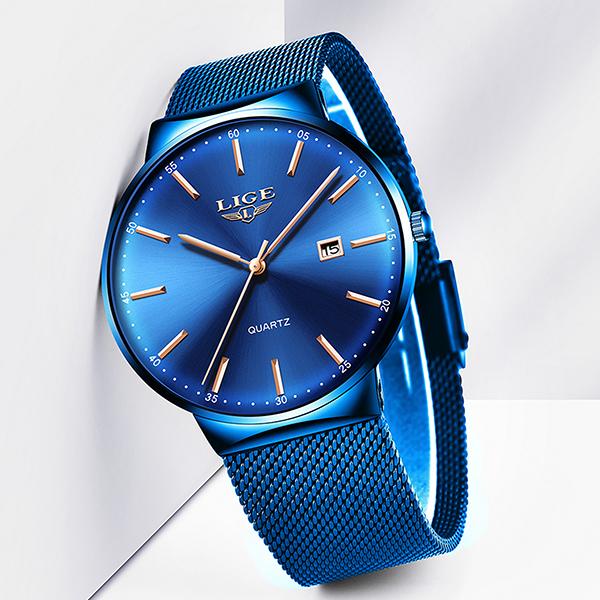 LIGE Mens Classic Elegance Watch, Frontview, Blue on Blue
