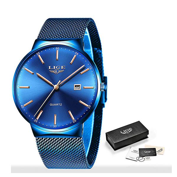 LIGE Mens Classic Elegance Watch, Packaging, Blue on Blue