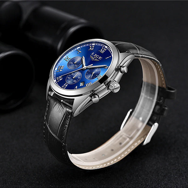 LIGE High End Luxury Mens Watch with Blue Face, Sideview, Black